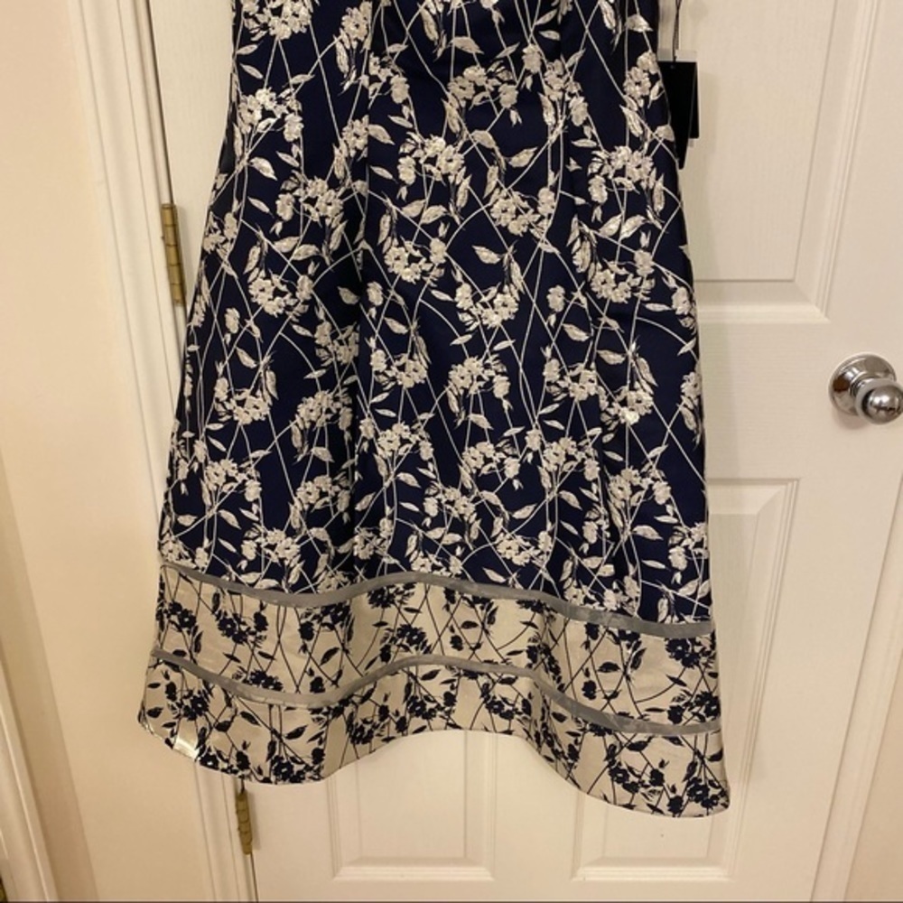 Adrianna Papell REVERSE Jacquard Midi Dress in Navy Blue / Silver - Picture 7 of 14